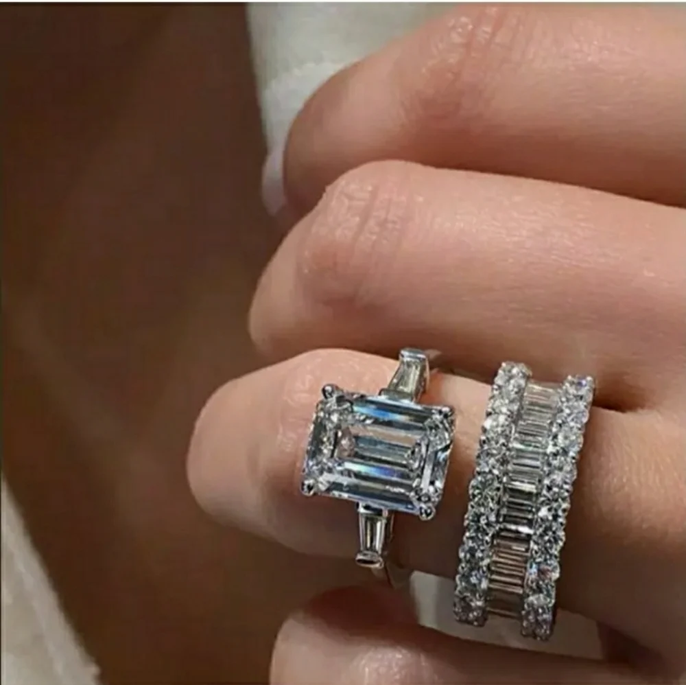 FINAL SALE 925. Sterling Silver 2pc Emerald Cut White Sapphire Ring Set - Picture 2 of 3